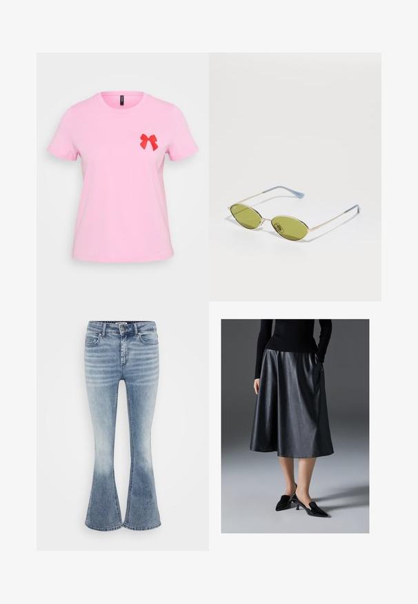 Rozā kokvilnas t-krekls ar apaļu kakla izgriezumu, īsām piedurknēm un sarkanu auduma loku uz kreisā krūts. Mīksta tekstūra, ikdienišķs dizains.; Gaiši zili platā kāju džinsi, kas izgatavoti no denima, ar klasisku piecu kabatu dizainu, priekšējo rāvējslēdzēju un maigu izbalējumu gar augšstilbiem.; Melnas ādas midi svārki ar gludu tekstūru; satur jostasvietu un sānu kabatas. Apvienoti ar spīdīgām melnām kurpēm ar papēdi.; Olīvu zaļi saulesbrilles ar plānu zelta rāmi un zila akcenta kājām. Ovali lēcas un minimālisma dizains.; Sudraba auskari ar gredzenu formu un saites dizainu, ar gludu apdari un pulētu tekstūru. Kompakts, minimālisma stils, kas piemērots dažādām reizēm.