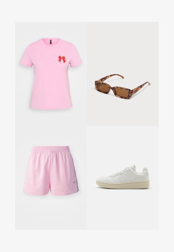 Rožinė medvilninė marškinė su apvalia apykakle, trumpomis rankovėmis ir raudonu audinio kaspinėliu kairėje krūtinės pusėje. Minkšta tekstūra, kasdieniškas dizainas.; Rožinės sportinės šortai su elastinga juosta, šonuose su pilka juosta ir maža logotipu priekyje. Pagaminti iš lengvo audinio.; Baltos odinės sportinės bateliai su perforuota pirštų zona, kontrastinga bežine gumine vibramu ir logotipų akcentais šone ir kulne. Minimalistinis dizainas.; Vėžlio kiauto saulės akiniai su stačiakampiais rudi objektyvais, storu rėmu ir siaurais rankenėlėmis, dekoruotomis skirtingų atspalvių ruda spalva.; Sidabriniai auskarai žiedai, turintys lygaus, blizgaus paviršiaus. Du poros, su šiek tiek skirtingais dydžiais. Paprastas, apvalus dizainas, lengvi.