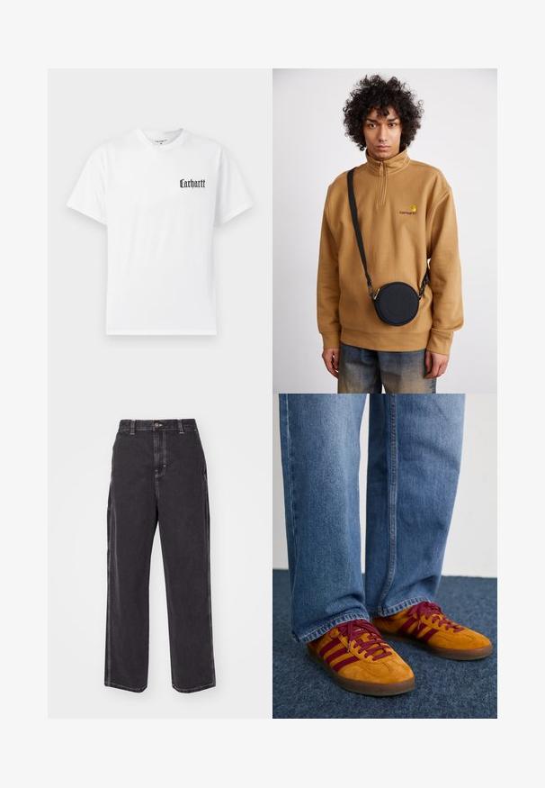 Biely bavlnený tričko s krátkymi rukávmi, s čiernym logom "Carhartt" na ľavej hrudi v štýlovom písmene.; Čierne denimové nohavice s voľným strihom, s kontrastným bielym prešívaním a zapínaním na gombík. Priamy strih nohavíc, bez ďalších vreciek.; Oranžové semišové tenisky s gaštanovými pruhmi a šnúrkami. Nosia sa s voľnými modrými džínsami, položené na tmavo modrom textúrovanom povrchu.; Hnedý mikina s štvrťzipom z fleecu s vyšitým logom, so čiernou okrúhlou crossbody taškou so zipsom a detailom loga, nosená cez denim.