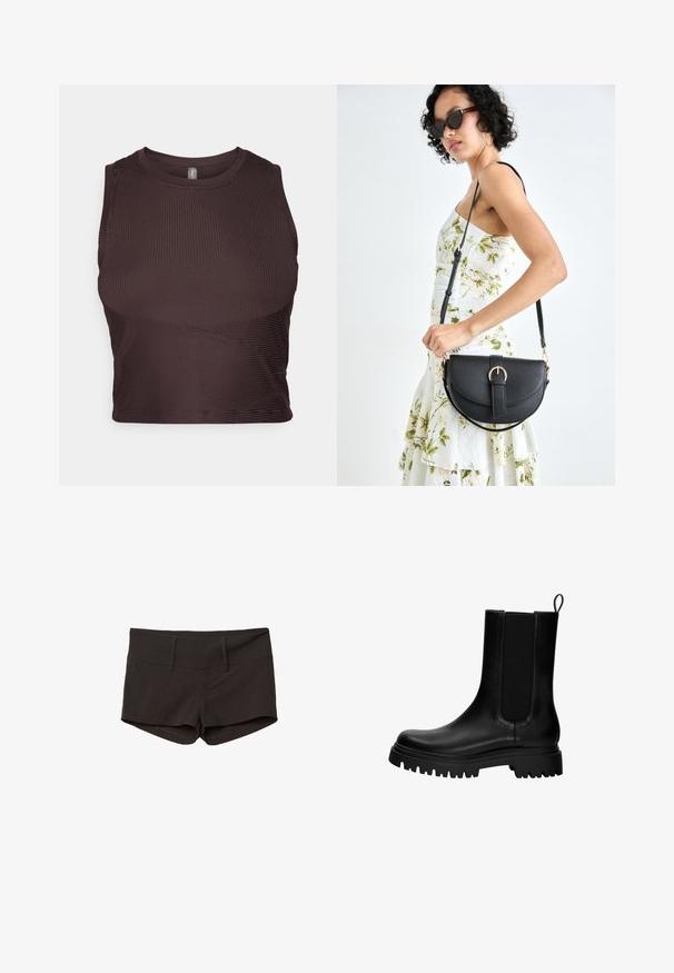 Dunkelbraunes, geripptes Crop-Top mit breiten Trägern, rundem Ausschnitt und nahtlosem Design. Verfügt über eine figurbetonte Silhouette und dehnbare Stoffe für maximalen Komfort.; Schwarze Baumwollshorts mit tailliertem Design, das eine glatte Textur und zwei Fronttaschen aufweist. Mittelhoher Bund ohne auffällige Muster.; Schwarze Leder-Stiefelette mit elastischen Seiteneinsätzen, einem Zuglasche und einer dicken, robusten Sohle. Glatte Oberfläche mit modernem Design.; Schwarze Lederhandtasche mit geschwungener Form, abnehmbarem Tragegurt und goldenen Beschlägen. Die Tasche verfügt über einen Deckel mit einer Schnallen-Details.