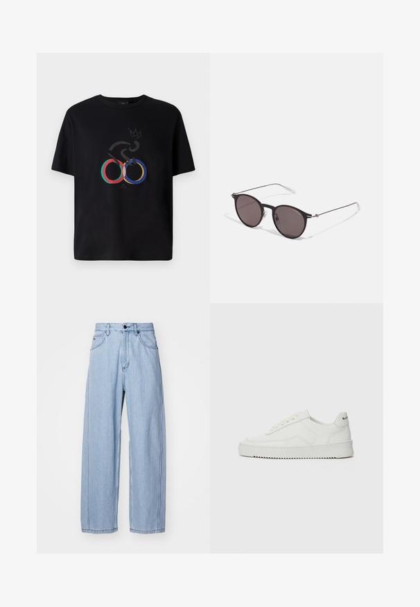 T-shirt preta com um design gráfico que apresenta anéis olímpicos coloridos, uma silhueta de bicicleta abstrata e um motivo de coroa. Confeccionada em tecido de algodão.; Jeans de ganga azul claro com um design de pernas largas, apresentando bolsos frontais, fecho de botão e costuras detalhadas ao longo das costuras.; Sapatilha de couro branco com acabamento suave, bico redondo, atacadores planos e uma sola texturizada. Apresenta um logotipo discreto no calcanhar.; Óculos de sol redondos pretos com lentes escuras e hastes metálicas finas. Inclui pontas de templo transparentes e detalhes em prata na dobradiça. Design minimalista.