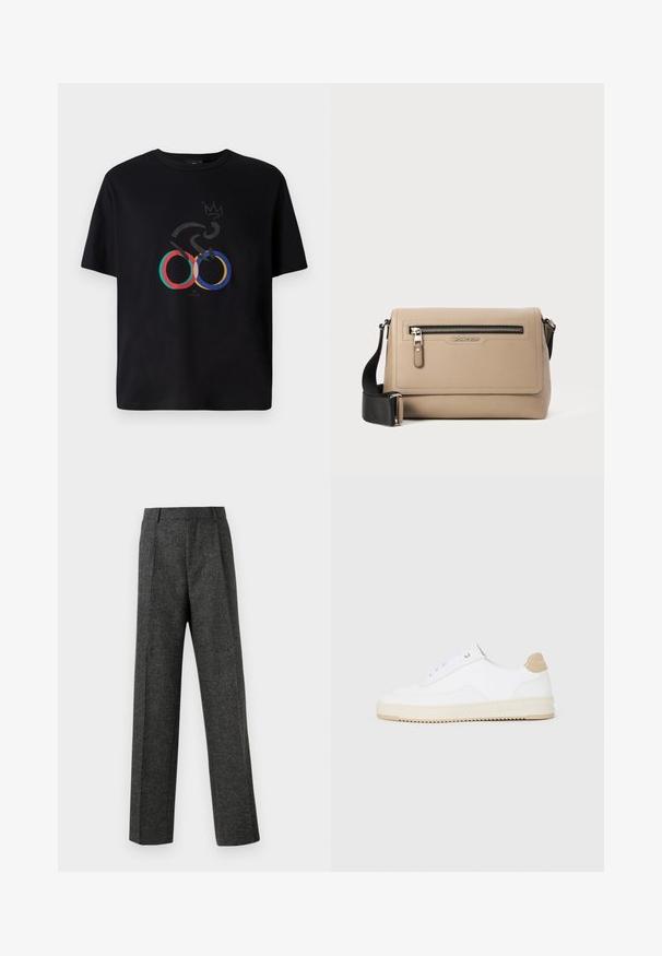 Črna majica s kratkimi rokavi, ki prikazuje grafični dizajn s pisanimi olimpijskimi krogi, abstraktno silhueto kolesa in motivom krone. Iz bombaža.; Sive krojene hlače iz teksturirane tkanine, ki imajo dva sprednja nabora in ravno kroj. Brez vidnih žepov ali okrasnih elementov.; Bele nizke superge z zgornjim delom iz teksturirane usnjene površine, smetano obrobljenim podplatom in svetlo rjavo akcentom na peti. Imajo bele vezalke in podrobnost z logotipom na peti.; Bežna usnjena torba čez ramo z teksturirano površino, ki vključuje sprednji žep na zadrgo in nastavljiv črn trak. Logotip je prikazan spredaj.