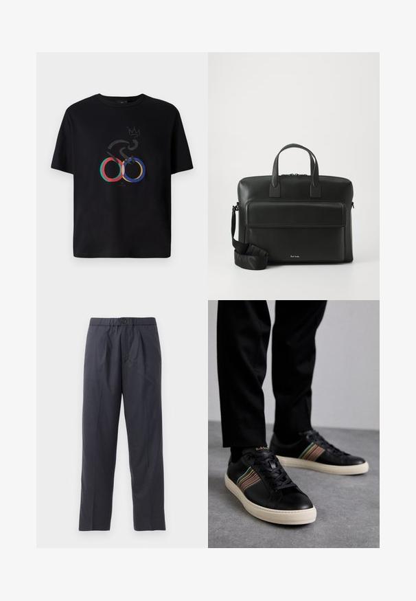 Svart t-shirt med ett grafiskt motiv som har färgglada olympiska ringar, en abstrakt cykelsilhuett och ett kronmotiv. Tillverkad av bomull.; Mörk marinblåbyxor av mjukt tyg med veckad design fram och elastisk midja. Har en knappstängning och rak benöppning.; Svart lädersneakers med flerfärgade randiga detaljer, rund tå och vita gummisulor, som har snörningsdesign och ultragruvade logotyp.; Svart läderportfölj med dubbla handtag upptill, en framficka och en avtagbar rem, med subtil märkning nedtill.