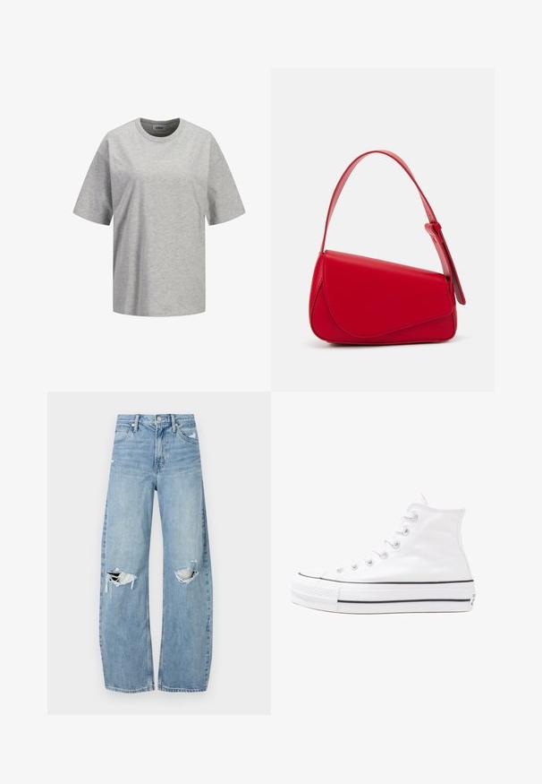 Tricou din bumbac gri, cu mâneci scurte, decolteu rotund și un mic text alb cu logo-ul "JJXX STUDIO" pe față, textură netedă.; Jeans de denim, de un bleu deschis, cu talie înaltă. Au picioare late, două zone rupte la genunchi și un stil clasic cu cinci buzunare.; Adidași albi tip pantofi sport cu glezna din pânză, cu talpă din cauciuc negru, capac de vârf din cauciuc frontal și șase ochiuri pentru șireturi, având un design curat și minimalist.; Geantă de mână din piele roșie, cu un design unghiular și geometric. Dispune de o singură curea ajustabilă și un sistem de închidere cu clapetă, cu detalii cusute.