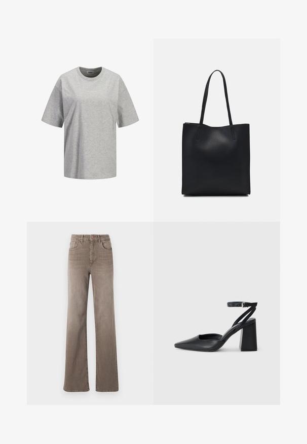 Pelēka kokvilnas t-krekliņš ar īsām piedurknēm, apaļu kakla izgriezumu un mazu balto logotipa tekstu "JJXX STUDIO" uz priekšpuses, gluda tekstūra.; Brūnas augsta vidukļa taisnas kājas džinsi ar priekšējo pogu, jostu cilpiņām un klasisko piecu kabatu dizainu uz baltas fona.; Melna ādas augstpapēžu kurpe ar norakstīto purngala formu, potītes siksniņu un masīlu papēdi. Gluda tekstūra, elegants dizains un minimālisma estētika.; Melnas ādas somiņa ar gludu tekstūru, taisnstūra formu un divām garām rokturiem. Nav redzamu aparatūras vai rotājumu.