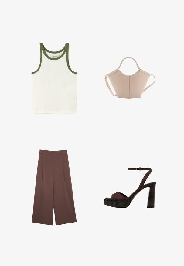 Weißes, geripptes Tanktop mit grünem Rand am Halsausschnitt und den Armlöchern. Etikett innen sichtbar. Einfaches, schlankes Design, geeignet zum Lagenlook.; Braune Weite-Leg-Hosen mit einer glatten Textur, hoher Taille und Vorderfalten. Der Stoff ist leicht und fällt locker.; Braune Wildleder-Pumps mit offenem Zeh, verstellbarem Knöchelriemen und gestreiftem Plateausohlen.; Beige Lederhandtasche mit einer einzigartigen Form, die zwei kurze Henkel und einen langen verstellbaren Riemen aufweist. Glatte Textur mit minimalen Hardware-Elementen.