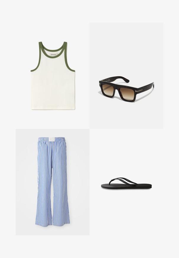 Weißes, geripptes Tanktop mit grünem Rand am Halsausschnitt und den Armlöchern. Etikett innen sichtbar. Einfaches, schlankes Design, geeignet zum Lagenlook.; Blaue und weiße gestreifte Hose mit lockerer Passform, aus leichtem Stoff, mit elastischem Bund und einem dezenten Logo-Tag.; Schwarze Flip-Flops mit einer strukturierten Gummisohle, zwei schlanken Riemen und einem dezenten, geprägten Logo-Detail auf dem Riemen.; Schildpatt-Sonnenbrille mit quadratischem Rahmen, braunen verlaufenden Gläsern und subtilen goldfarbenen Hardware-Details an den Bügeln.; Braune Wildleder-Tote mit zwei weichen Griffen, einem vertikalen Riemen mit silbernem Akzent und einem weiten, offenen oberen Bereich. Glatte Textur, minimalistisches Design.