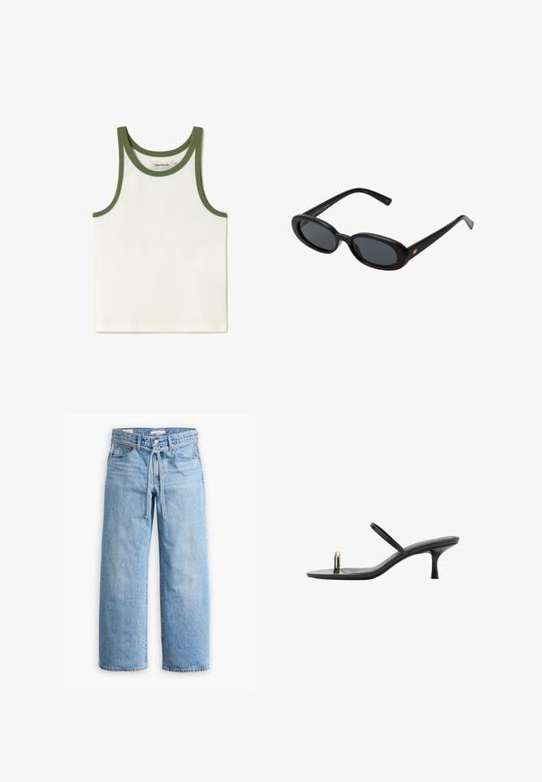 White ribbed tank top with green trim around the neckline and armholes. Label visible inside. Simple, slim design, suitable for layering.; Light blue denim wide-leg jeans with a high waist, button and zip closure, and a drawstring detail at the waist. Raw hem finish.; Black heeled sandal with a sleek design, featuring thin straps and a unique front accent. Smooth texture with a pointed toe and 3-inch heel.; Black oversized sunglasses with oval lenses, smooth plastic frame, and gold accents on temple. Dark lenses provide sun protection.