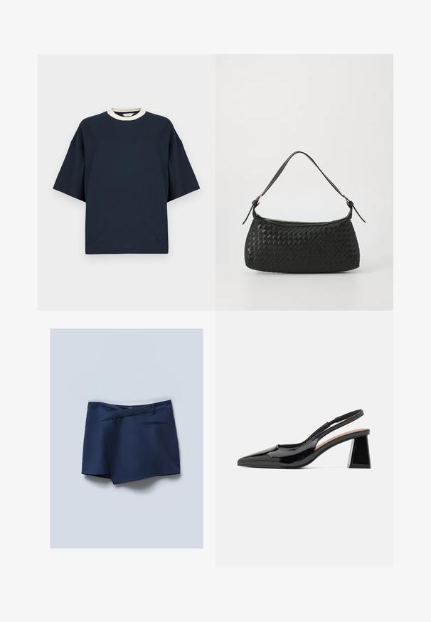 Navyblauw oversize t-shirt met een contrasterende crèmekleurige geribbelde halslijn. Korte mouwen en een relaxte pasvorm. Gemaakt van zachte katoenstof.; Marineblauwe shorts met een platte voorkant, zijzakken en een achterzak. Glad materiaal met een gepolijste uitstraling en gestikte accenten.; Zwarte gepatineerde slingback hakken met een spitse neus, voorzien van een unieke geometrische blokhak en een gladde textuur. Verstelbare band voor ondersteuning.; Zwarte geweven schoudertas met een gladleren schouderband en rits sluiting. Heeft een gestructureerd oppervlak en een gebogen vorm.