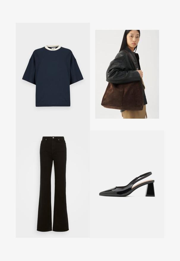 Mørkeblå oversized t-skjorte med en kontrasterende kremfarget ribbestrikket hals. Korte ermer og avslappet passform. Laget av myk bomull.; Høyt liv svarte utsvingte jeans laget av denim, med knappelukking, sidelommer og en glatt tekstur.; Sorte patentledd slingback hæler med spiss tå, med en unik geometrisk blokkehl og en glatt tekstur. Justerbar stropp for støtte.; Brun semsketoteveske med bred form og myk tekstur, med en enkelt stropp og minimal maskinvare mot en nøytral bakgrunn.
