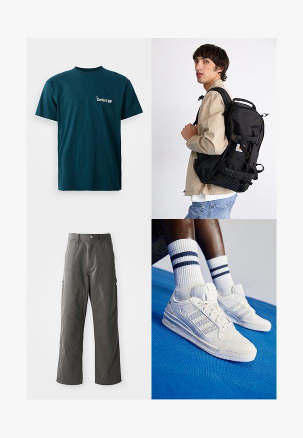 Zelena bombažna majica s kratkimi rokavi in okroglo ovratnikom. Na sprednji strani je grafični tisk "Carhartt WIP" v beli barvi.; Sive cargo hlače s ravnim krojem, z dvema sprednjima žepoma in dodatnima stranskima žepoma za shranjevanje. Narejene so iz trpežne tkanine.; Beli usnjeni copati z perforiranimi detajli, tremi kovinskimi črtami in teksturiranim stranskim delom. Obuti z belimi nogavicami z modrimi črtami.; Črn nahrbtnik z teksturirano tkanino, nastavljivimi naramnimi trakovi in sprednjim mrežastim žepom, ga nosi oseba v bež jopiču in modrih kavbojkah.