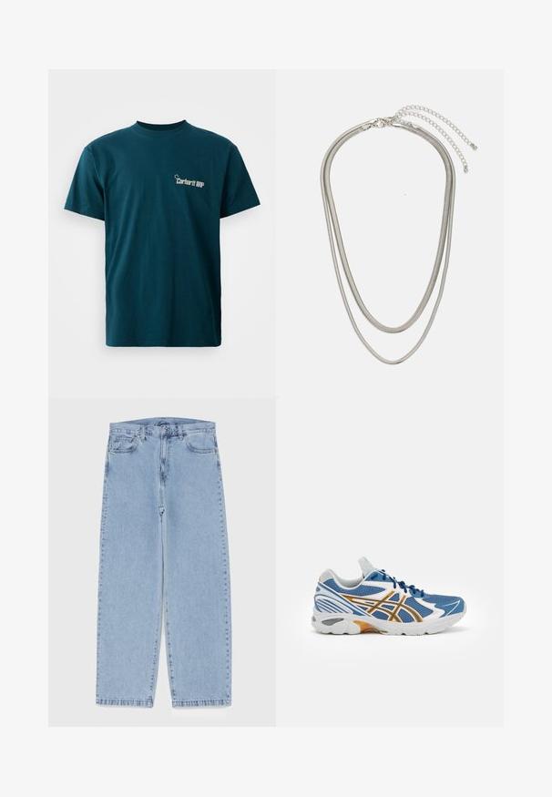 Teal cotton t-shirt with short sleeves and a crew neck. Features a graphic print of "Carhartt WIP" on the front in white.; Light blue denim jeans with straight leg design, featuring a mid-rise waist, five pockets, and a button and zipper closure.; Blue athletic shoe with mesh upper, white and orange accents, cushioned midsole, and textured rubber outsole. Features lace-up design.; Three-layered silver metal necklace featuring sleek, flexible chains with a slight sheen, secured with a lobster clasp and adjustable chain.