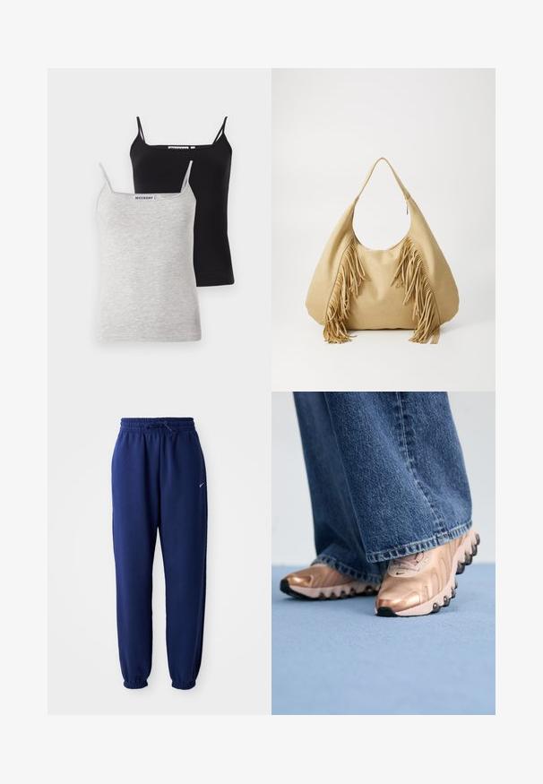 Zwei Camisoles: eine schwarze und eine hellgraue, aus weichem Baumwollmaterial. Jede hat dünne Träger und einen runden Halsausschnitt, mit einem schlichten Design.; Dunkelblaue Sweatpants aus weichem Material, mit einem elastischen Bund und Kordelzug, elastischen Bündchen und einem kleinen weißen Logo.; Sneaker mit einem obermaterial aus metallisch rose-gold und strukturiertem Design, ausgestattet mit schwarzen Gummisohlen. Kombiniert mit weit geschnittenen blauen Jeans.; Hellbraune Wildleder-Umhängetasche mit großem Öffnungsbereich und langen Fransenakzenten an beiden Seiten, verfügt über eine glatte Textur und einen einzelnen Tragegriff.