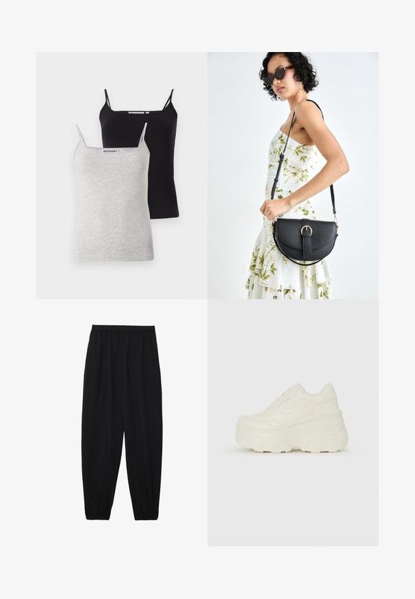 Duas blusas de alças: uma preta e uma cinza claro, feitas de algodão suave. Cada uma tem alças finas e decote redondo, apresentando um design simples.; Calças pretas, leves, com um cinto elástico e punhos franzidos. O tecido é suave e apresenta um design relaxado e afunilado.; Tênis brancos de plataforma com um cabedal suave semelhante a couro, formato arredondado, colarinho acolchoado e sola de borracha texturizada com ranhuras bem definidas.; Bolsa de couro preta com forma curva, alça destacável e detalhes em dourado. A bolsa possui uma aba com detalhe de fivela.