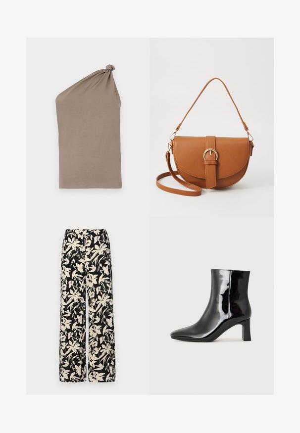 Asymmetrical brown top made of soft fabric, featuring a knotted shoulder detail with a smooth texture and a single-sleeve design.; Black wide-leg pants with a cream floral pattern. Made of lightweight fabric, featuring a smooth texture and a high waistband.; Black patent leather ankle boot with a pointed toe and a mid-height block heel. Smooth texture and minimalist design.; Brown leather crossbody bag with a curved shape, gold hardware, and a buckle accent. Features a detachable shoulder strap.