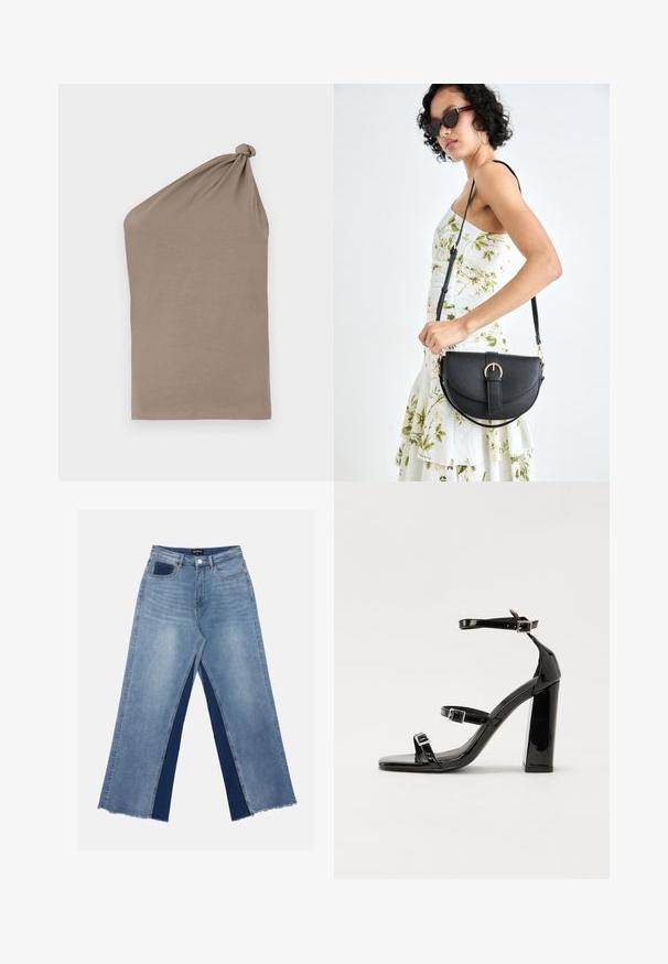 Aszimmetrikus barna felső, puha anyagból, csomós vállrész részlettel, sima textúrával és egyujjas kialakítással.; Világoskék, bőszárú farmernadrág, kontrasztos sötétkék panelekkel, szálkás szegélyekkel, valamint normál derekú, fém gombos záródással.; Fekete lakk magas sarkú szandál négyzet alakú orral, bokapántokkal és ezüst csatokat tartalmaz. Masszív blokk sarka a stabilitásért felel.; Fekete bőrtáska ívelt formával, levehető pánttal és arany színű fémrészekkel. A táskán egy csattal díszített fedél található.