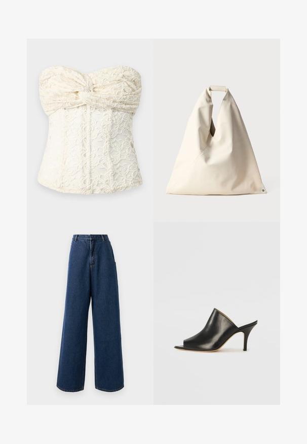 ROKH TWISTED CORSET - Top - ivory; Højtaljede brede jeans i mørkeblå denim med frontknap og lynlås, bæltestropper og sidelommer.; Sort læder åben tå mule med et slankt, buet design, høj stiletto hæl og glat tekstur. Indersiden har en kontrasterende lys farve.; Beige, blødt tekstureret taske med et unikt snoet håndtag og diagonal sømdetalje. Minimalistisk design med en rund detalje i bunden.