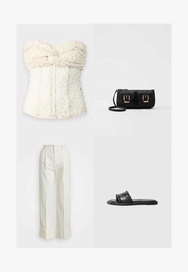 ROKH TWISTED CORSET - Top - ivory; White tailored pants featuring a high waist, double front pleats, and wide legs with folded cuffs. Made from a smooth, textured fabric.; Black leather sandal with a woven strap detail, flat sole, and a sleek design. Smooth texture and minimalistic profile.; Black leather crossbody bag with two front pockets, gold buckles, zipper closure, and a slim strap. Textured surface and compact rectangular shape.
