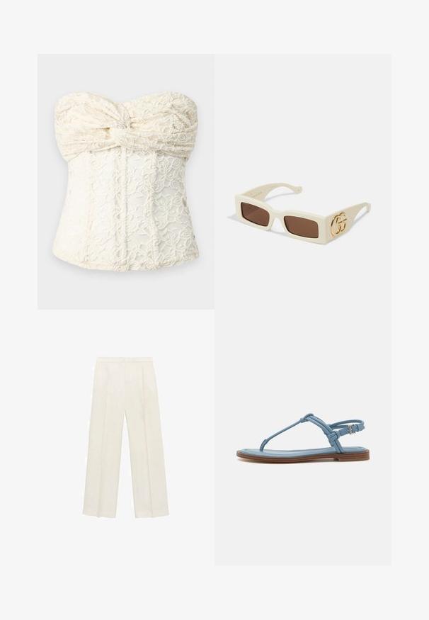 ROKH TWISTED CORSET - Top - ivory; Weit geschnittene Hosen in einem hellen cremefarbenen Farbton. Hergestellt aus einem glatten Stoff mit Falten an der Vorderseite und seitlichen Taschen.; Blaue Leder-Zehensandale mit flacher Sohle, die über ein schlankes Riemendesign und einen Schnallenverschluss am Knöchel für einen sicheren Sitz verfügt.; Weiße rechteckige Sonnenbrille mit braunen Gläsern. Verfügt über ein markantes goldenes GG-Logo an der Seite. Hergestellt aus strukturiertem Kunststoffmaterial.