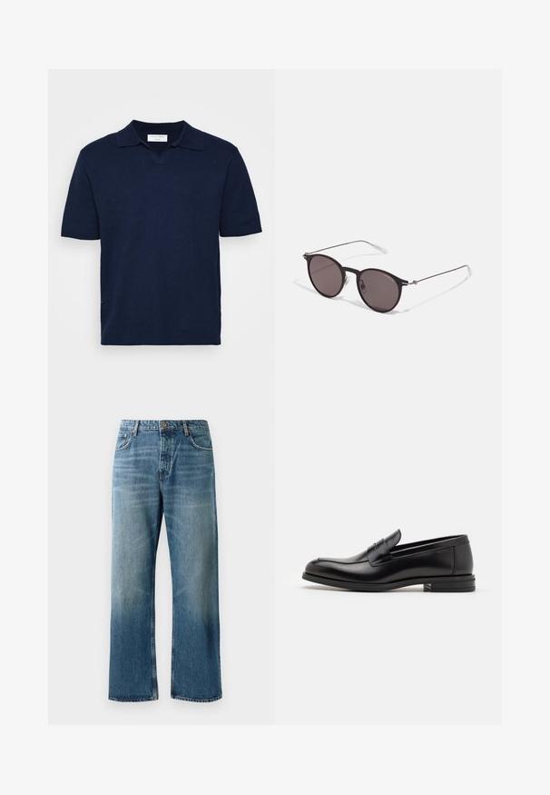 Sötétkék, rövid ujjú polo ing V-alakú gallérral, texturált anyagból készült, a nyakrészen diszkrét márkacímkével.; Világoskék, széles szárú farmer, elhasználódott mosással, egy gombos záródással, öt zsebbel és kontrasztos varrással.; Fekete bőr loaferek sima textúrával, kerek orral és dekoratív pánttal a vampnál. Alacsony, rétegelt sarkú, minimalista dizájn.; Fekete kerek napszemüveg sötét lencsékkel és karcsú fém szárakkal. Átlátszó szárvégeket és ezüst részleteket tartalmaz az ívnél. Minimalista dizájn.