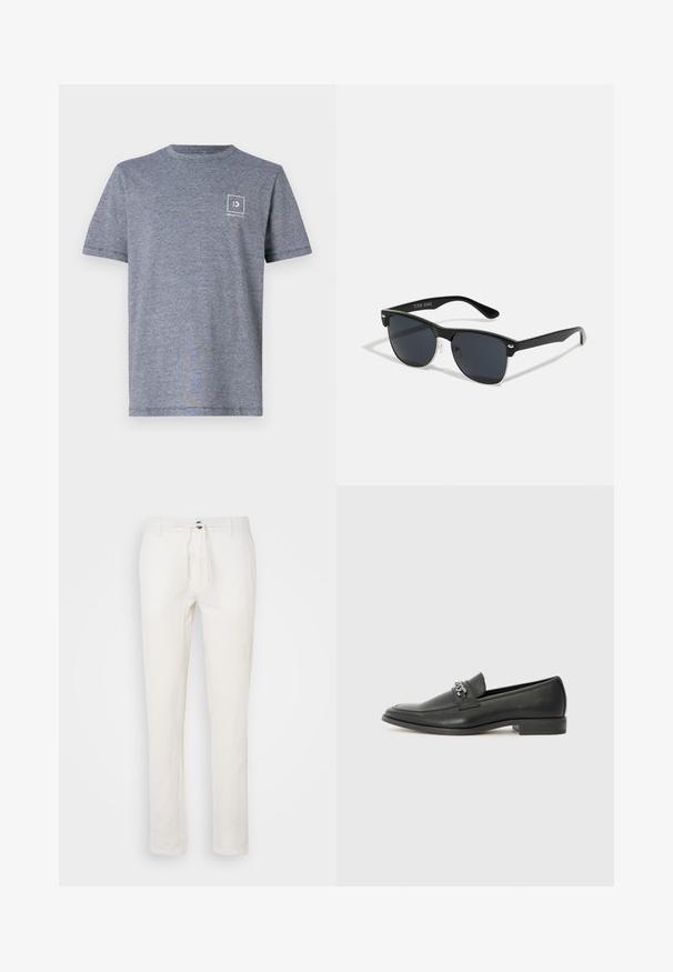 Hallhalline lühikeste varrukatega t-särk, mis on valmistatud puuvilla segakangast, millel on ruudukujuline logo vasakul ülal rinnal ja ümmargune kaelus.; Valged linased püksid, millel on tõmbluku vöökoht, sirge jalgade disain ja peen tekstuur. Ilma nähtavate taskute või mustriteta.; Must haveate nahkking punased, millel on sile viimistlus, tikitud muster ja dekoratiivne metallkett vampi üle. Tasane konts.; Mustad mustmikrooni kujuga mustad prillid, tumedate klaasidega, hõbedased detailid templite juures ja mati viimistlusega raam.