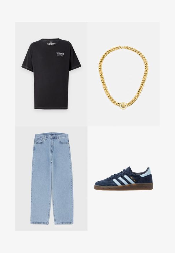 T-shirt preta feita de algodão, com um decote redondo, mangas curtas e costuras em contraste brancas. Na parte da frente exibe "VOLCOM STORE" em letras claras.; Jeans de denim azul claro com design de perna reta, apresentando uma cintura de altura média, cinco bolsos e um fecho de botão e zíper.; Sapatilha Adidas em camurça azul marinho com riscas azul claras, sola de borracha, tab para o calcanhar azul claro e a marcação dourada "Spezial" na lateral.; Colar de corrente de ouro com grandes elos interligados, apresentando um detalhe em forma de pêndulo circular no centro com um emblema saliente.