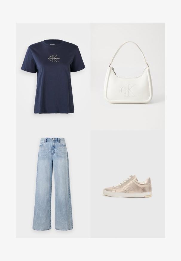 Marineblå bomull t-skjorte med korte ermer, med en liten hvit "Calvin Klein" logo på midten foran. Rund hals, avslappet passform.; Lys blå vide jeans laget av denim, med et prikkete mønster over stoffet og høy midje med en klassisk fem-lomme design.; Metalliske gullsnickers med hvite lisser, med preget "DK"-logo på siden, rund tå og teksturert lærfinish. Hvit såle med gull detaljer.; Hvit lærveske med en buet fasong, med et preget "CK"-logo på forsiden og en enkel skulderstropp. Glidelåslukking på toppen.