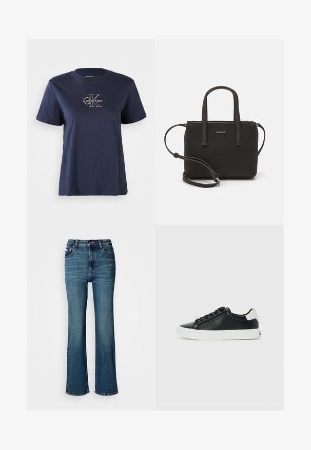 Tamsiai mėlynas medvilninis marškinėliai su trumpomis rankovėmis, su mažu baltu "Calvin Klein" logotipu centre priekyje. Apvalus kaklo iškirpimas, laisvas siluetas.; Aukštai juosmeniu mėlyni džinsai iš denimo, turintys tiesaus kirpimo dizainą, švelnų blukimą ir standartinį mygtuko bei užtrauktuko uždarymą.; Juodos žemos sportinės bateliai su balta padu ir kulno juosta, juodais raiščiais ir subtiliu Calvin Klein logotipu šone, rodomi ant paprasto fono.; Juoda rankinė su dviem trumpais rankenėlėmis ir nuimamu petį. Lygaus odos tipo medžiaga su užtrauktuku ir logotipo detale.