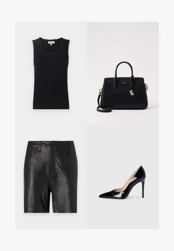 Top in raso nero a coste con scollatura tonda, bordi ondulati e delicata ricamatura "PJ" al centro. Realizzato in tessuto morbido.; Pantaloni corti in pelle nera con una trama liscia, dotati di zip frontale, chiusura a bottone e classico design a cinque tasche.; Décolleté in pelle verniciata nera con design a punta e silhouette elegante. Presenta una finitura liscia e lucida e un tacco a stiletto sottile.; Borsa a tracolla in pelle nera con design strutturato, manici superiori doppi, tracolla rimovibile, accessori in oro e charm con logo.