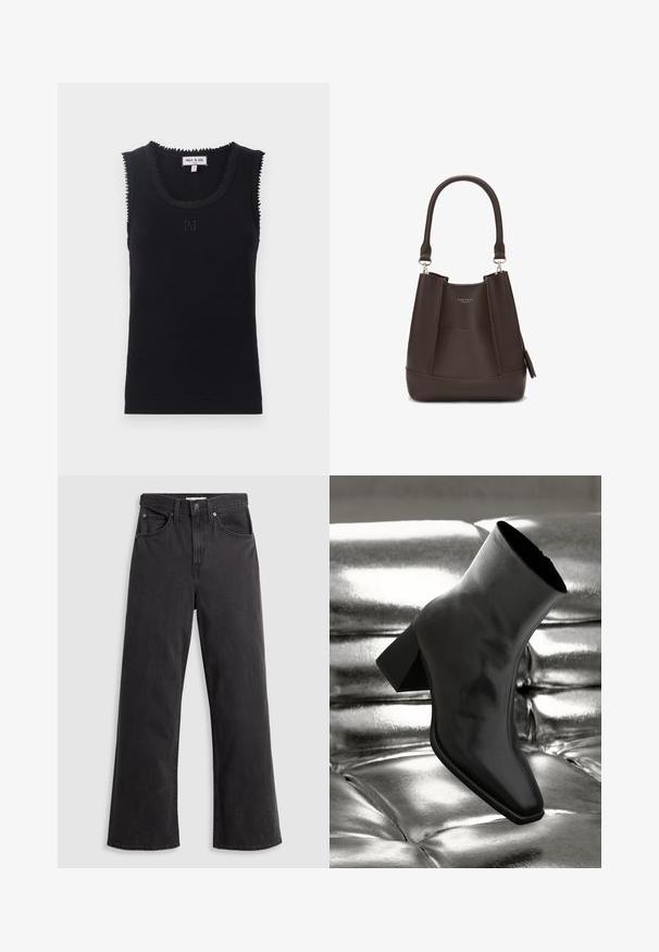 Top in raso nero a coste con scollatura tonda, bordi ondulati e delicata ricamatura "PJ" al centro. Realizzato in tessuto morbido.; Jeans neri in denim a gamba larga con vita alta, cinque tasche e chiusura con bottone metallico. Il tessuto ha una texture liscia e leggermente sbiadita.; Stivale alla caviglia nero realizzato in materiale lucido con punta quadrata e tacco affusolato, posizionato su uno sfondo argentato lucido con imbottiture a sfera.; Carlheim ADALINE - Borsa a mano - brown