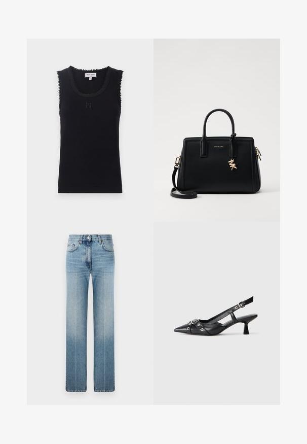 Sort ribbet tanktop med rund halsudskæring, bølgede kanter og diskret 'PJ' broderi i midten. lavet af blødt stof.; Lysblå lige ben jeans lavet af denim, med subtil falmning, klassisk fem-lomme design og en metalknaplukning i taljen.; Sort lædersandal med spids tå, dekorative stropper med metaløjer og en lav blokhæl. Struktureret overflade.; Sort læder håndtaske med struktureret design, dobbelt top håndtag, aftageligt skulderrem, guld hardware og en logo charme accent.