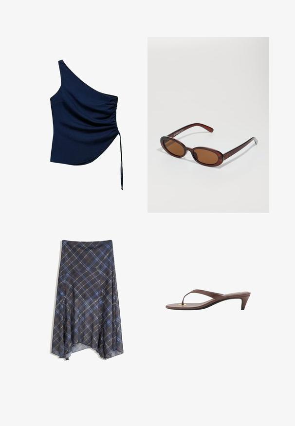 Top blu navy a spalla unica con dettaglio arricciato lateralmente, dotato di cordoncino e orlo asimmetrico. Realizzato in un tessuto liscio.; Gonna a quadri nera con linee blu e marroni, design fluido, di lunghezza media, realizzata in tessuto leggero con una texture morbida.; Infradito con tacco marroni, dotati di una fascia sottile e un puntale arrotondato, con un piccolo dettaglio dorato sulla soletta.; Occhiali da sole rotondi con tonalità marrone, montatura lucida color bordeaux. Aste sottili con un sottile dettaglio del marchio. Design delle lenti piatte.; Borsa a tracolla in pelle marrone con forma curva, accessori in argento e due tasche con zip sul davanti. Inclusa una tracolla regolabile.