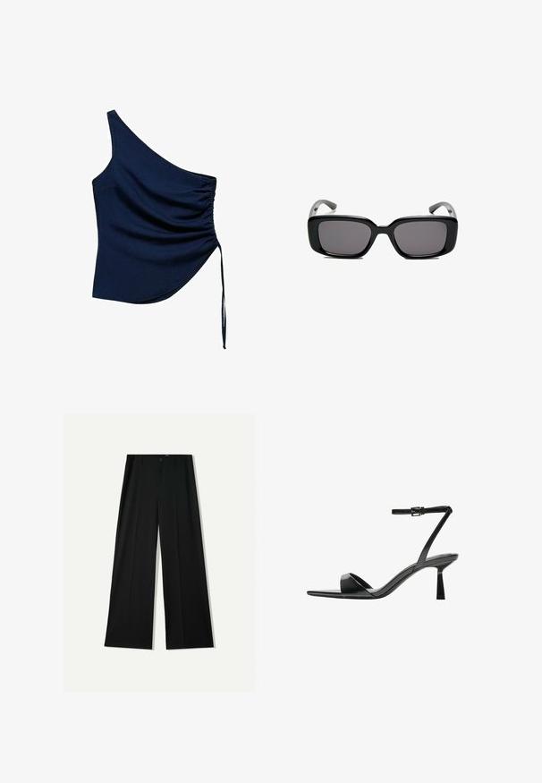 Top blu navy a spalla unica con dettaglio arricciato lateralmente, dotato di cordoncino e orlo asimmetrico. Realizzato in un tessuto liscio.; Bershka WIDE - Pantaloni - black; Bershka Sandali con tacco - black; Occhiali da sole neri rettangolari con lenti scure, montatura in plastica liscia e tempie curve. Il design è voluminoso con un'estetica minimalista.