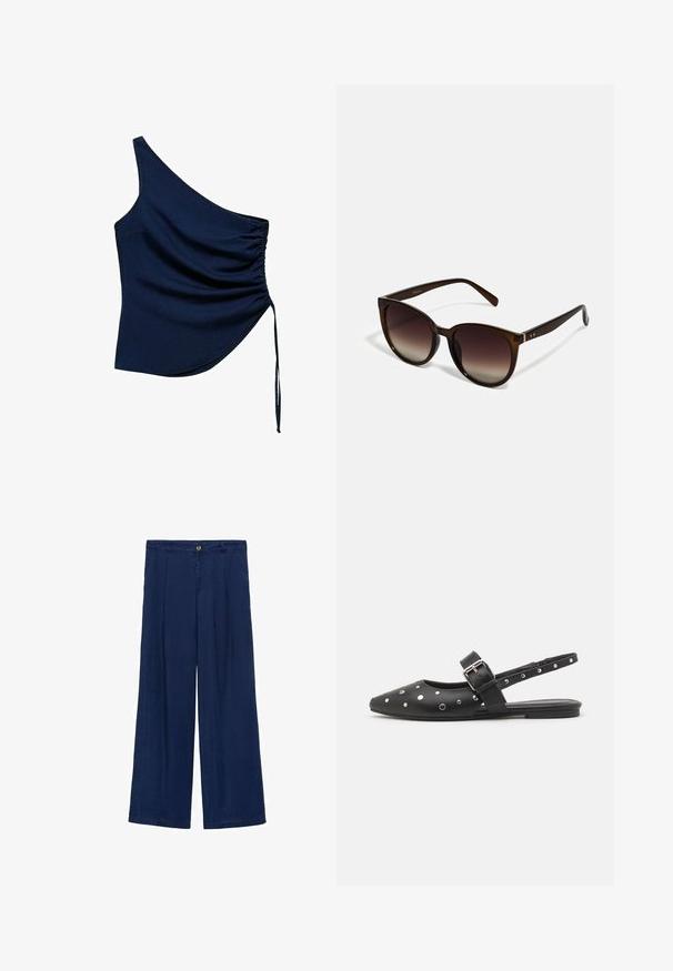 Námorníckomodrá blúzka na jedno rameno s riaseným bočným detailom, s tkanicou na stiahnutie a asymetrickým lemom. Vyrobená z hladkého materiálu.; Námořnické modré kalhoty s širokými nohavicemi, které mají zapínání na knoflík, dva přední záhyby a hladkou texturu. Materiál vypadá lehce a prodyšně.; Čierne kožené slingback baleríny s predným špicom, ozdobnými striebornými klincami, opaskom so sponou a plochou podrážkou.; Hnedé slnečné okuliare s veľkými okrúhlymi sklami, lesklé rámčeky zo želvoviny a štíhle ramienka s jemnými kovovými akcentmi.