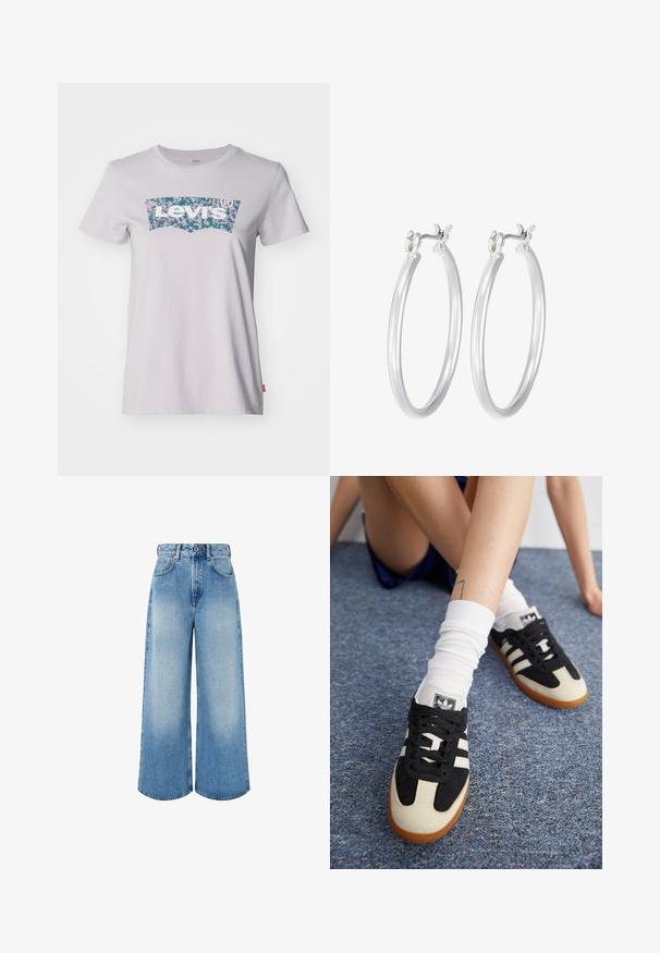 Levi's® Apdrukāts T-krekls - lavender blue; Gaiši zili, plata kāju džinsi, izgatavoti no denima, ar augstu jostasvietu, pogu aizdari un vieglu izlīdzināšanu ar tīrām apakšmalām.; Melnbalti sporta apavi ar zamšiem un ādas virsu, kuriem ir trīs baltas svītras un gumijas zole. Pāris valkāts ar baltām zeķēm.; Sudraba riņķveida auss gredzeni ar gludu, pulētu apdari. Apaļa forma un drošs klikšķa augšējais slēgums. Viegls dizains, kas piemērots ikdienas valkāšanai.