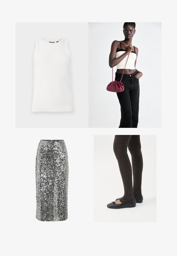 Balts ribots bez piedurknēm ar apaļu kakla izgriezumu. Gluda tekstūra un pieguļoša siluets, ideāli piemērots slāņošanai.; Sudraba spīdīgu fliteru zīmuļsvārki ar piegulošu dizainu, garums līdz ceļiem un gluda tekstūra. Aprīkoti ar noslēptu aizmugurējo rāvējslēdzēju.; Melnas plakano formas kurpes ar mazu loku uz pirksta, apvienotas ar tumši brūnām ribotām zeķubiksēm. Kurpēm ir gluda tekstūra un zems profils.; Burgundijas mīkstas auduma soma ar sakoptu dizainu un garu siksnu, nēsāta uz krūšu. Modelis valkā baltu piegriezuma topu un melnas džinsus.