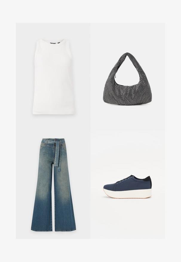 Balts ribots bez piedurknēm ar apaļu kakla izgriezumu. Gluda tekstūra un pieguļoša siluets, ideāli piemērots slāņošanai.; Platām kājām džinsu bikses ar gaismas līdz tumši zilam gradientam, augstu jostas līniju, jostas cilpām un atbilstošu auduma jostu. Tekstūrēts džinsas apdare.; Navy zilo apavi ar strukturētu auduma augšdaļu, baltu platformas zoli, noapaļotu pirkstu daļu un melnu papēža akcentu. Iekļautas sešas acs caurumi šnuķēšanai.; Melna soma ar izliekta, hobo formas dizainu, teksturēta auduma ar sudraba kniedēm. Viena augšējā roktura, rāvējslēdzēja aizdare un maiga silueta.