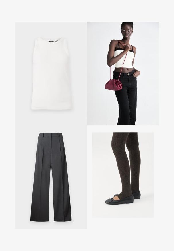 Hvid ribbet tanktop med rund hals og ærmeløs design. Glat tekstur og tætsiddende silhuet, ideel til lag-på-lag brug.; Bredde benbukser i mørkegrå stof, med høj talje, enkelte læg og en glat tekstur med en ren finish ved kanten.; Sorte flade sko med en lille sløjfedetalje ved tåen, parret med mørkebrune ribbede strømpebukser. Skoene har en glat overflade og lav profil.; Bordeaux blødt stof håndtaske med en sammenpresset design og en lang rem, båret som crossbody. Modellen bærer en hvid cropped top og sorte jeans.