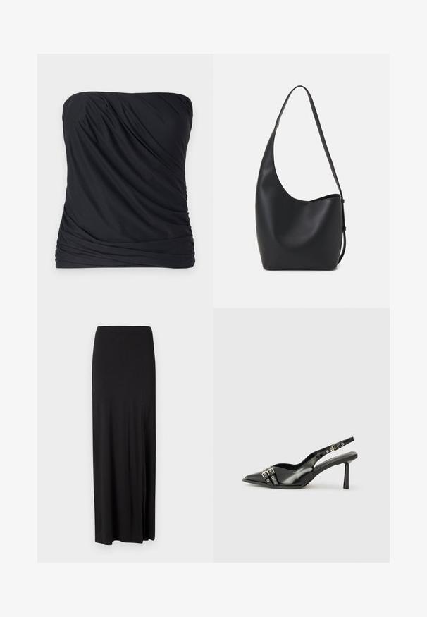 Svart utan axelband topp i mjuk, lättviktig tyg med draperad textur och samlade sidor. Enkel, minimalistisk design utan mönster.; Svart maxikjol i mjukt och elastiskt material. Har en sidofålla och en enkel, strömlinjeformad design utan utsmyckningar.; Svart lackläder slingbacksko med spetsig tå, ankelremmar med silverfärgade spännen och detaljer samt en smal klack.; Svart läder hobo-väska med en slät textur, kurvig form och en justerbar axelrem; har en bred öppning upptill.