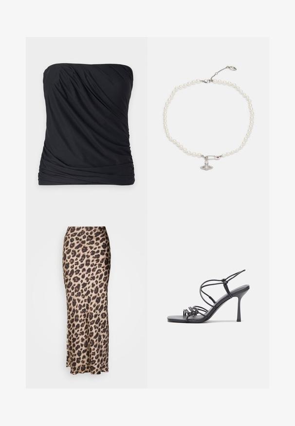Sort stropløs top lavet af glat, let stof med draperet tekstur og indsamlede sider. Enkel, minimalistisk design uden mønstre.; Leopardprint midi-nederdel i glat satin. Har en tætsiddende silhuet med en lille slids i kanten for bevægelse. Neutral beige og brun.; Sorte højhælede sandaler med tynde stropper og en knyttet design, en glat firkantet tå og en slank stiletto hæl.; Perle halskæde med glansfulde hvide perler, prydet med en sikkerhedsnål charme i sølvfarve, dekoreret med klare rhinsten. Lukkemekanisme med hummerklip.