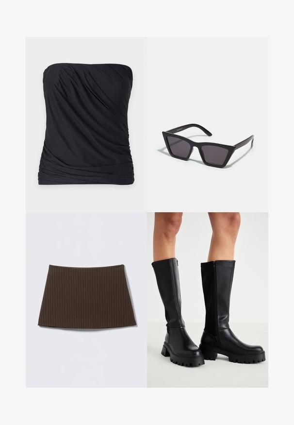 Zwarte strapless top van glad, lichtgewicht materiaal met een gedrapeerde textuur en geplooide zijkanten. Eenvoudig, minimalistisch ontwerp zonder patronen.; Bruine pinstripe rok met een aansluitend ontwerp, gladde textuur en een uitlopende zoom, ideaal voor een getailleerde look.; Zwarte kniehoge laarzen van glad synthetisch leer met een dikke zool, zijrits en een ronde neusontwerp.; Zwarte, hoekige zonnebril met grijze lenzen; gemaakt van plastic, met dikke armen met een gladde oppervlakte en zonder zichtbare hardware.; Zwarte hobotas gemaakt van glad, leerachtig materiaal met een gedraaide handgreep, met een zachte, ronde vorm en een ritsluiting aan de bovenkant.; Set van twaalf creolen in zilver- en goudernormen. Bevat gedraaide, gladde en textuurontwerpen in verschillende maten en afwerkingen.
