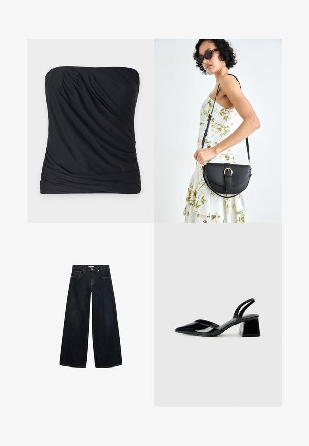Čierny top bez ramienok vyrobený z hladkej, ľahkej tkaniny s prehnutou textúrou a zhromaždenými stranami. Jednoduchý, minimalistický dizajn bez vzorov.; Široké tmavé denimové džínsy s vysokým pásom, s kontrastným prešívaním, prednými vreckami a minimalistickým dizajnom.; Čierne lakované kožené sandálové podpätky s špicatou špičkou a geometrickým blokovým podpätkom. Disponujú elegantným, minimalistickým dizajnom a hladkým povrchom.; Čierna kožená kabelka s zaobleným tvarom, odnímateľným popruhom a zlatými doplnkami. Kabelka má klopu s detailom s prackou.