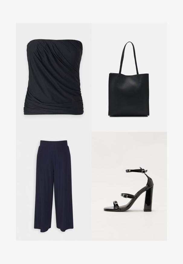 Top negro sin tirantes, hecho de una tela suave y ligera con textura drapeada y lados fruncidos. Diseño sencillo y minimalista sin patrones.; Pantalones de pierna ancha en tejido de un oscuro color navy con una textura acanalada. Presenta una cinturilla suave y una silueta fluida, llegando a la altura de las pantorrillas.; Sandalias de tacón de charol negro con punta cuadrada, correas en el tobillo y hebillas plateadas. Presentan un tacón grueso para mayor estabilidad.; Bolso tote de cuero negro con textura lisa, forma rectangular y dos asas largas. Sin herrajes ni adornos visibles.