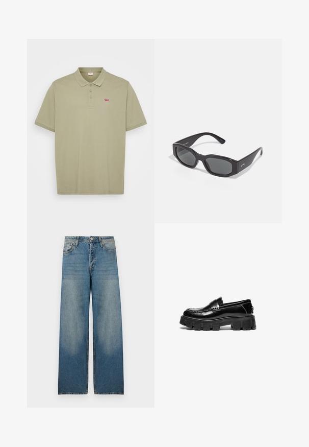 Olive roheline puuvillane polo särk, millel on kahekohaline nööpide rida, lühikesed varrukad ja väike punane Levi'si logo vasakul rinnus.; Heledad sinised laiad püksid denimkangast, kõrge vöökohaga, viie-taskuga kujundusega ja pleekinud kohtadega, et saavutada vintage välimus.; Mustad mustad nahast loafid, millel on paksem kummist tald, dekoratiivne rihm üle ülaosa ja kontrastsest valgest õmblusest. Sile tekstuur ja ümar varvas.; Must musta saarnaste prillide mustad raamid tumedate läätsedega. Paks plastikraam sileda viimistlusega, millel on külgedel peen bränding.
