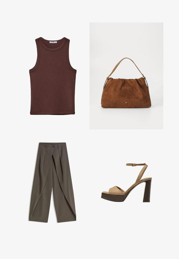 Canottiera marrone senza maniche con scollo rotondo. Realizzata in morbido cotone, presenta cuciture sottili e un design aderente. Nessun motivo o accessorio.; Pantaloni a gamba larga realizzati in un tessuto testurizzato grigio scuro. Presentano una piega frontale, chiusura con bottone e tasche laterali per praticità.; Sandali con tacco alto in suede beige, con una larga fascetta anteriore e una fascetta alla caviglia, dotati di un tacco blocco in legno spesso con una finitura testurizzata.; Borsa in suede marrone con un design arricciato, dotata di una singola tracolla in pelle beige e di un sottile logo dorato dettagliato sulla parte anteriore.