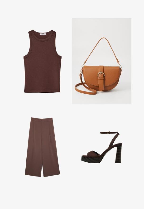 Brun ärmlös linne med rund hals. Tillverkad av mjukt bomullsmaterial, har den diskreta sömmar och en figurnära design. Inga mönster eller accenter.; Bruna vida byxor med en slät textur, som har hög midja och framfickor. Tyget är lätt och flödar löst.; Bruna mocka högklackade sandaler med öppen tå, justerbar vristrem och en randig plattformssula.; Brun läder crossbody-väska med en böjd form, gyllene detaljer och en spänneaccent. Har en avtagbar axelrem.