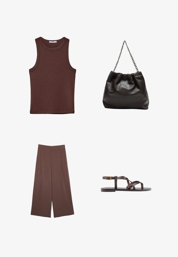 Braunes ärmelloses Tanktop mit Rundhalsausschnitt. Aus weichem Baumwollmaterial gefertigt, zeichnet es sich durch dezente Nähte und eine taillierte Passform aus. Keine Muster oder Akzente.; Braune Weite-Leg-Hosen mit einer glatten Textur, hoher Taille und Vorderfalten. Der Stoff ist leicht und fällt locker.; Braune Leder-Sandale mit überkreuzten Riemen, einem Knöchelriemen mit Schnalle und einer flachen Sohle mit minimalen Nähdetails.; Braune Lederhandtasche mit gerafftem Oberteil und Kettenriemen. Glatte Textur mit glänzendem Finish und subtilen Nahtdetails an den Seiten.