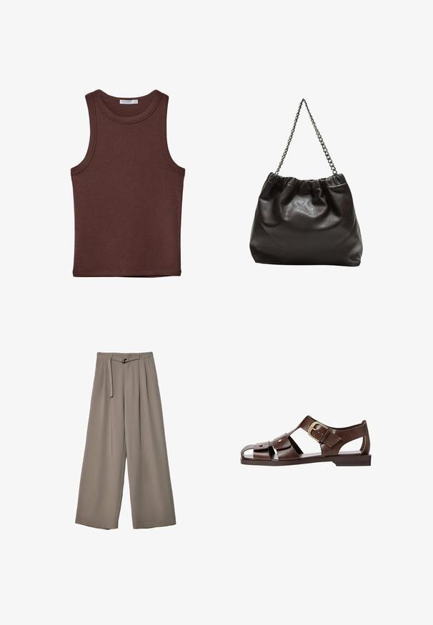 Brązowy bezrękawnik z okrągłym dekoltem. Wykonany z miękkiego materiału bawełnianego, ma subtelne szwy i dopasowany krój. Brak wzorów i akcentów.; Spodnie o szerokich nogawkach w miękkim, stonowanym szarym materiale, z paskiem w talii i plisami dla dodania detali projektowych. Gładka tekstura, bez wzorów.; Brązowe skórzane sandały z wycięciami, regulowanym zapięciem po boku i płaską podeszwą, z metalowymi akcentami i otwartym noskiem.; Brązowa skórzana torba z marszczonym szczytem i łańcuszkowym paskiem. Gładka tekstura z błyszczącym wykończeniem i subtelnymi detalami szwów po bokach.