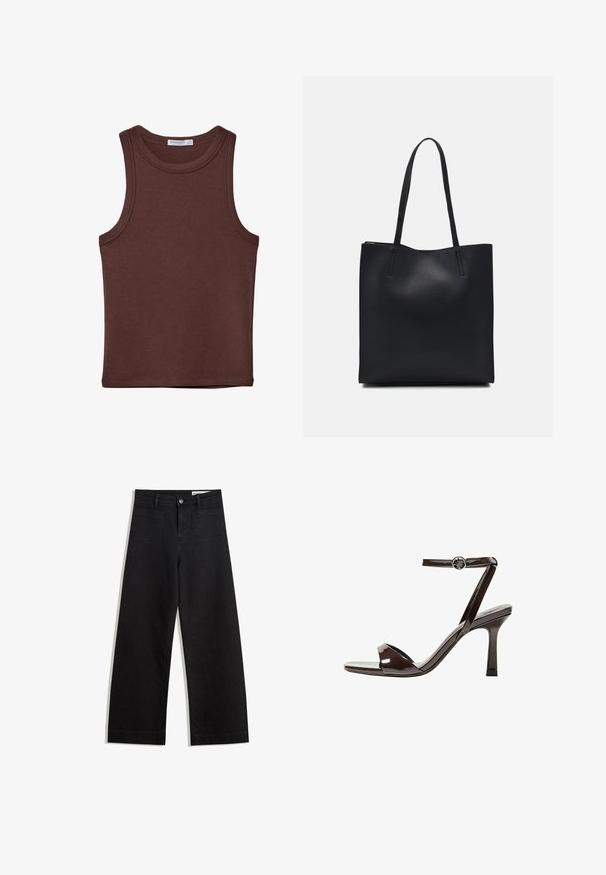 Brun ærmeløs tanktop med rund hals. Lavet af blødt bomuldsmateriale, den har diskret syning og en tætsiddende pasform. Ingen mønstre eller detaljer.; Sorte wide-leg denim bukser med høj talje, der har front- og baglommer, syede sømme og en knaplukning. Glat tekstur.; Brune patentlæder højhælede sandal med ankelrem, åben tå og et elegant, minimalistisk design. Udstyret med en firkantet hæl.; Sort læder tote taske med glat tekstur, rektangulær form og to lange hanke. Ingen synlig hardware eller udsmykninger.