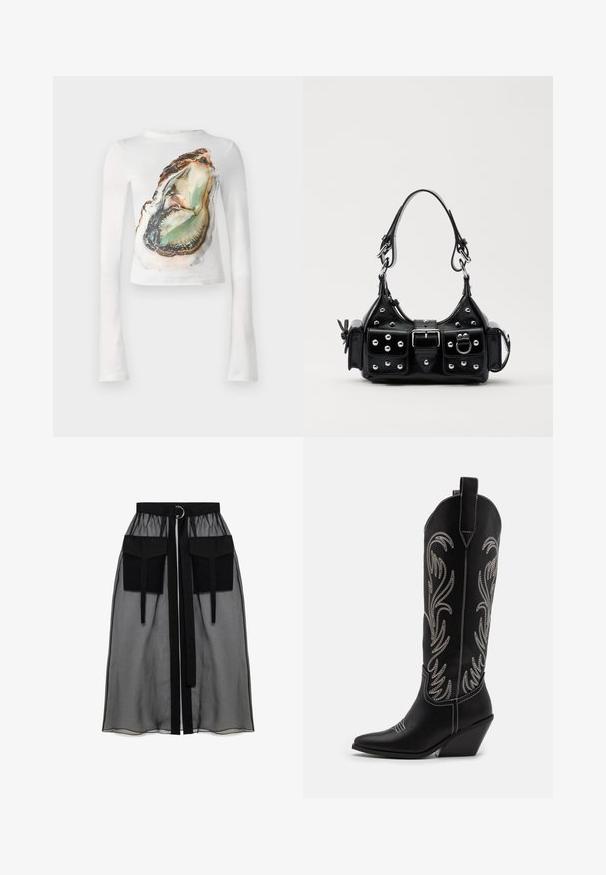 Bela majica z dolgimi rokavi z velikim grafičnim tiskom odprte ostrige z zelenimi in rjavimi detajli, izdelana iz mehke, raztegljive tkanine.; Črna prozorna krila z nabranim pasom, ki ima dva velika sprednja žepa, pas za zavezovanje in okroglo kovinsko dekoracijo.; Črne usnjene kavbojske čevlje s koničastimi prsti, klinastimi petami in srebrnimi vezeninami cvetnega vzorca po vsej dolžini. Kontrastno šivanje povsod.; Črna usnjena torbica s ukrivljenim dizajnom, ki vsebuje srebrne žebljičke, zaponko in dve stranski žepki. Nastavljiv trak za različne možnosti nošenja.